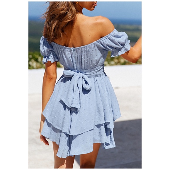 Periwinkle Swiss Dot Ruffle Off Shoulder Romper - Picture 4 of 6